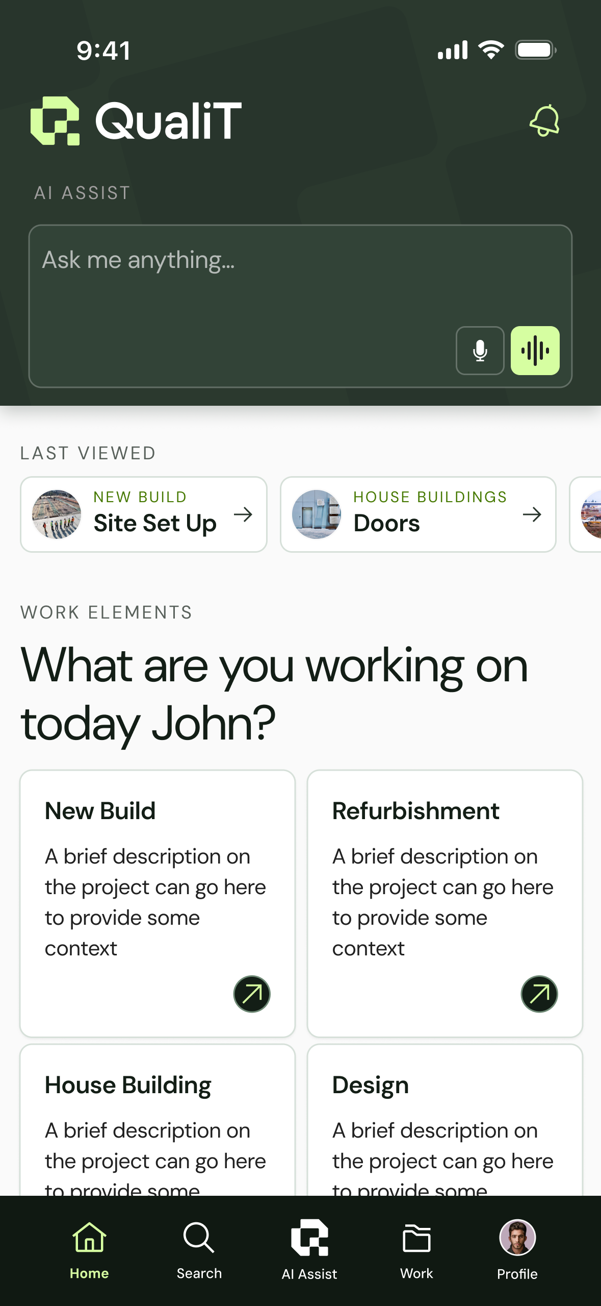 The QualiT app home screen